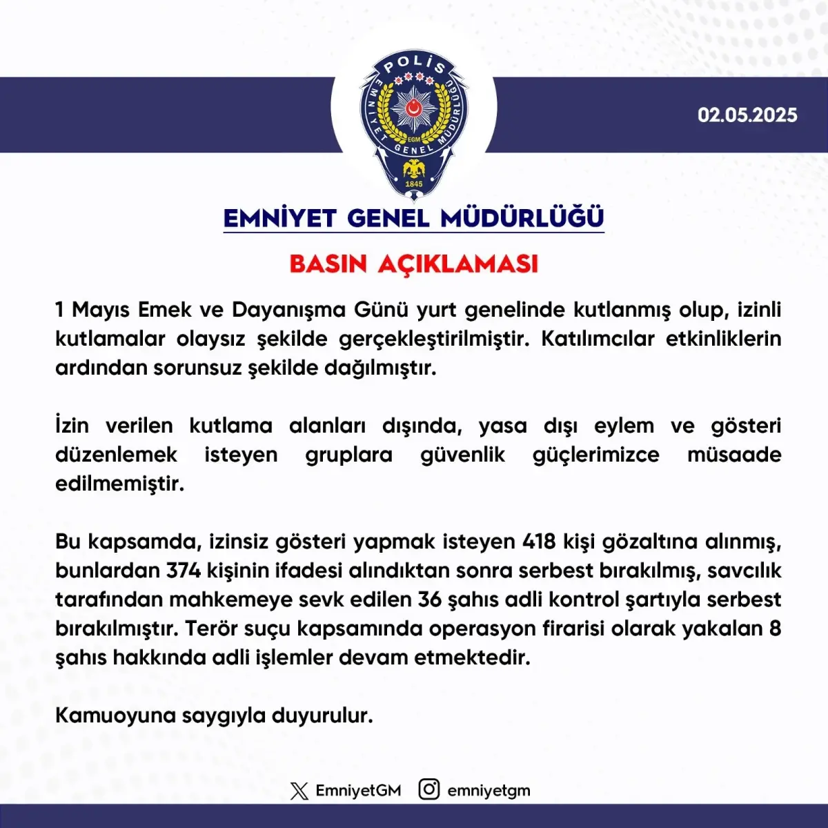 1 Mayıs’ta 418 Gözaltı