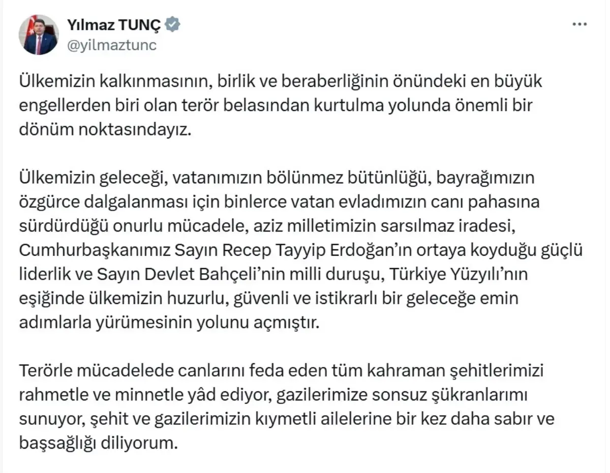 Adalet Bakanı Tunç: ‘Ülkemiz terörün karanlığını arkasında bırakacak’