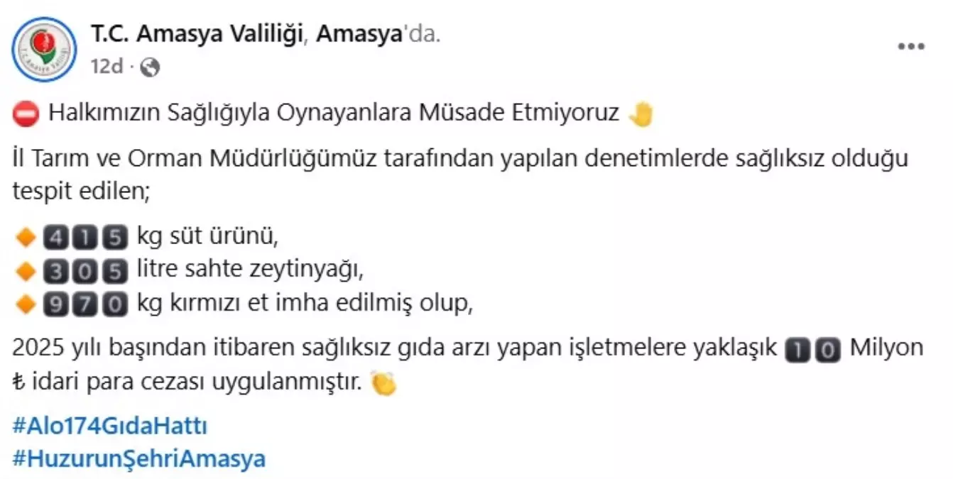 Amasya’da Sıhhatsiz Eserlere 10 Milyon TL Ceza