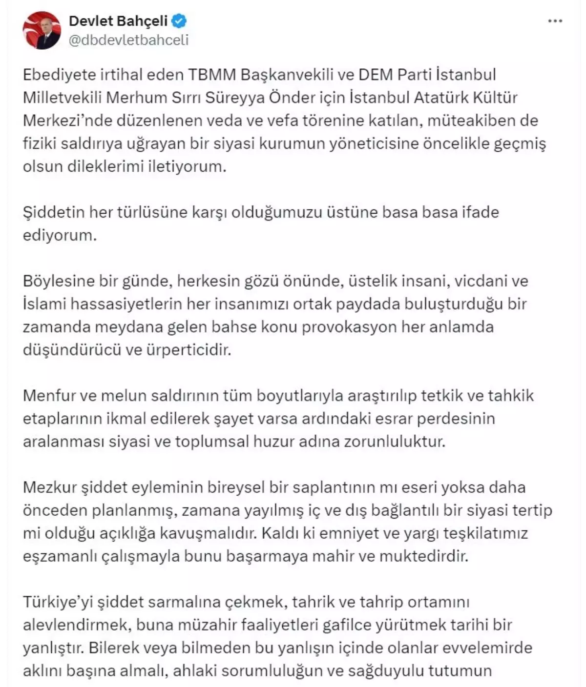 Bahçeli’den Şiddet Açıklaması