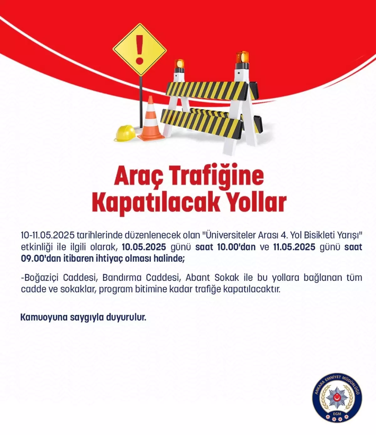 Bisiklet Yarışı Nedeniyle Yollar Kapatılacak