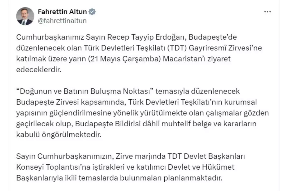 Cumhurbaşkanı Erdoğan, Budapeşte’de düzenlenecek Türk Devletleri Teşkilatı Doruğu’na katılacak