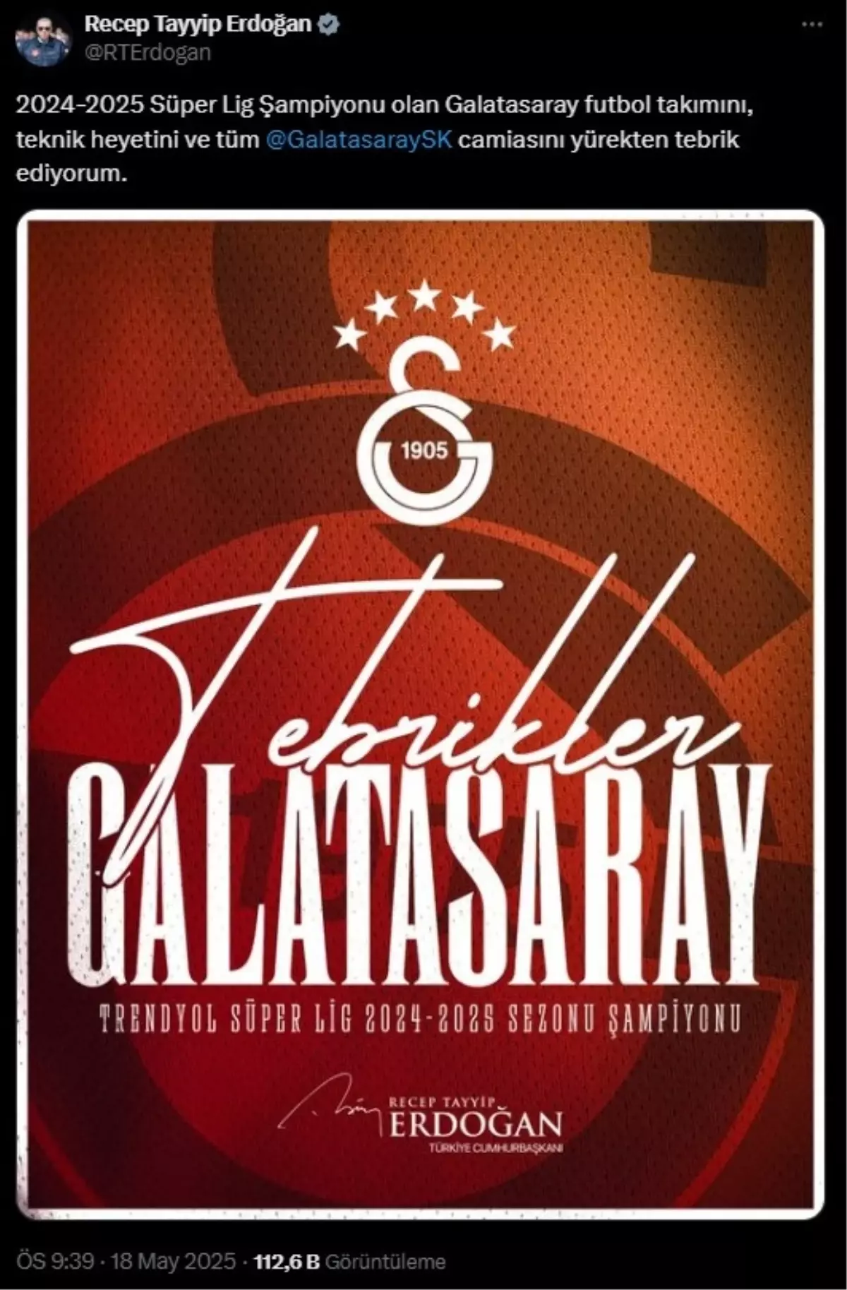 Cumhurbaşkanı Erdoğan, Galatasaray’ı Tebrik Etti