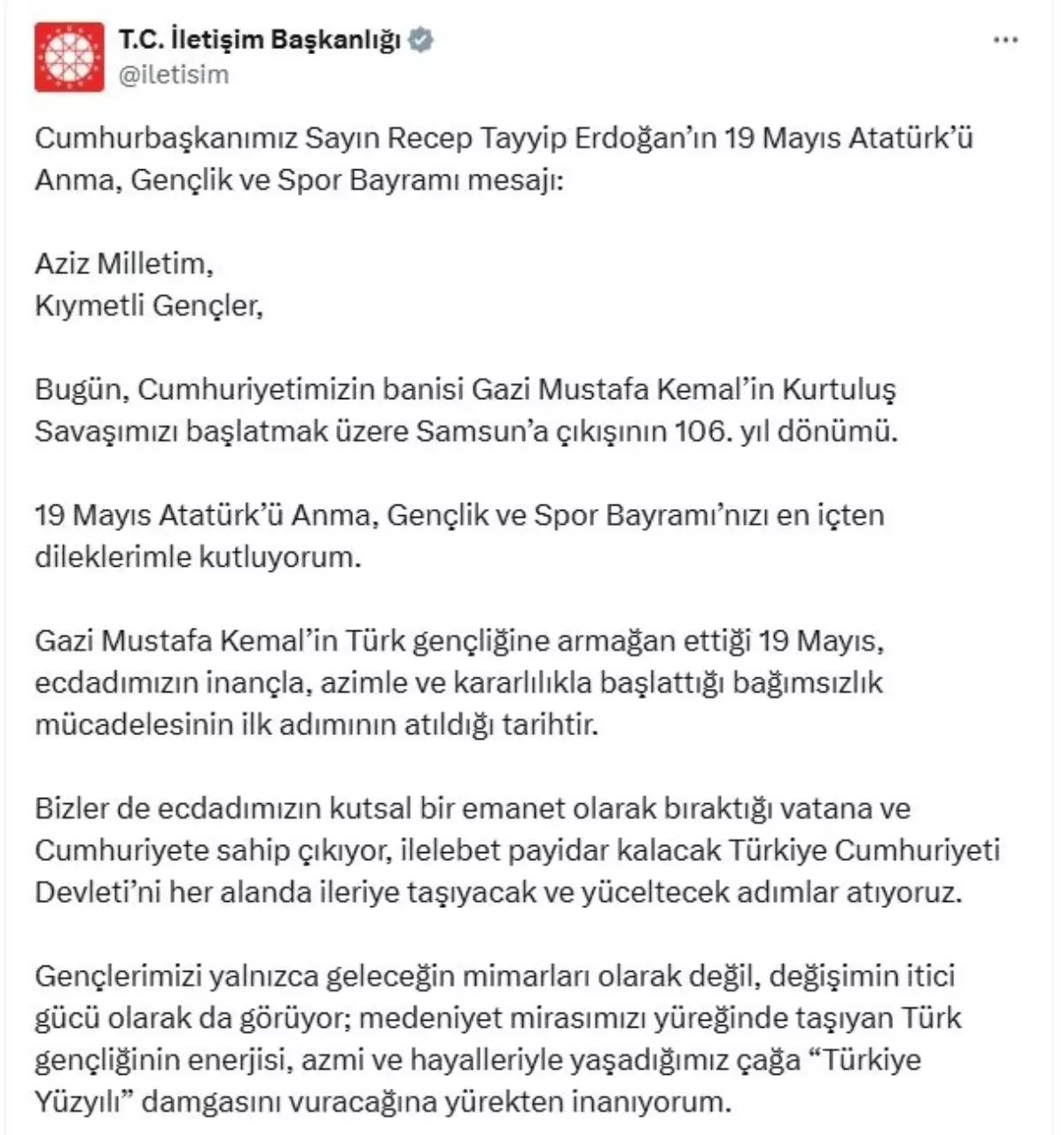Cumhurbaşkanı Erdoğan’dan 19 Mayıs İletisi: Gençlerimizle Birlikte Yürüyoruz