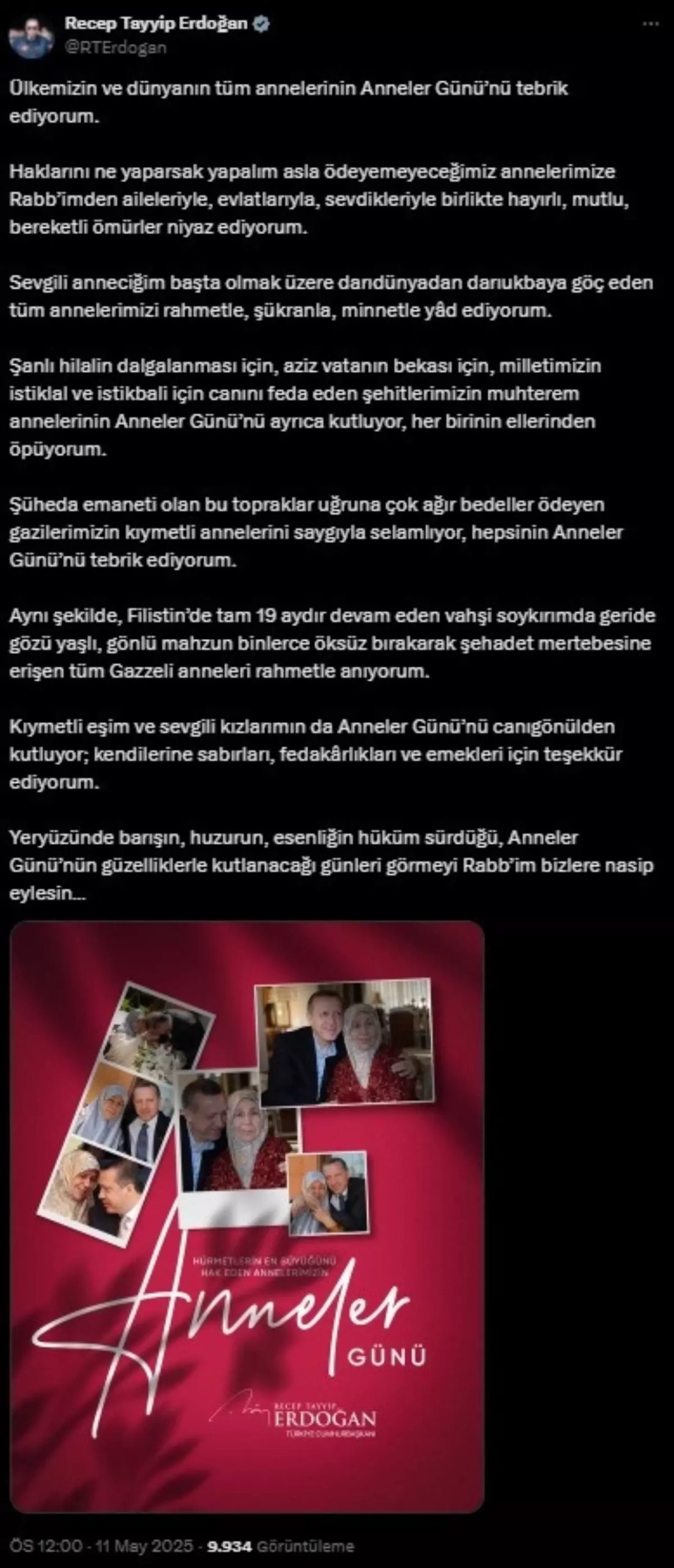Cumhurbaşkanı Erdoğan’dan Anneler Günü İletisi