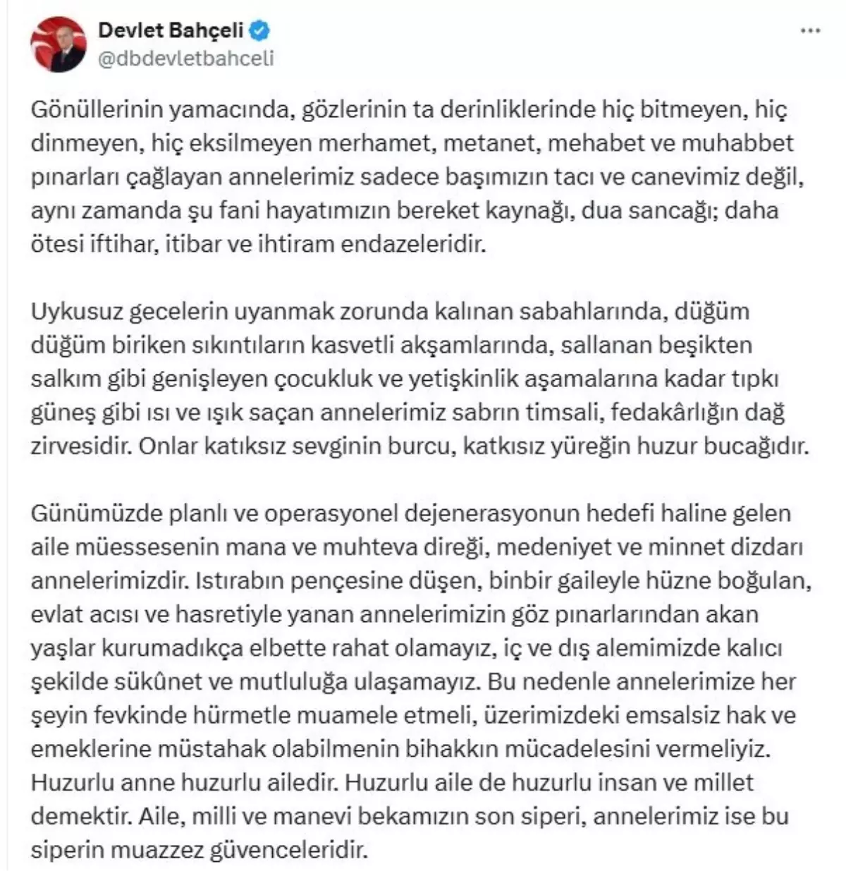 Devlet Bahçeli’den Anneler Günü İletisi