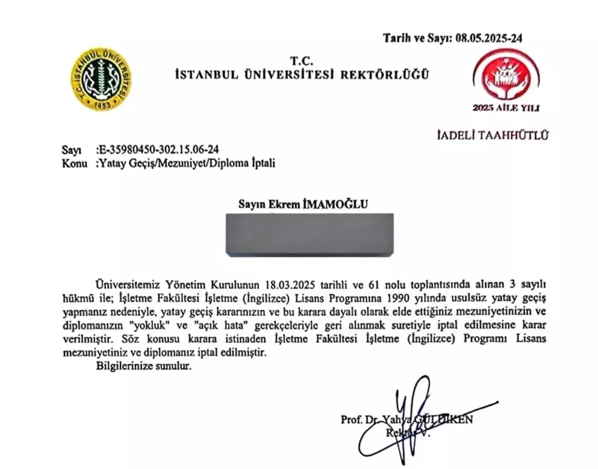 Ekrem İmamoğlu’nun Diploması İptal Edildi