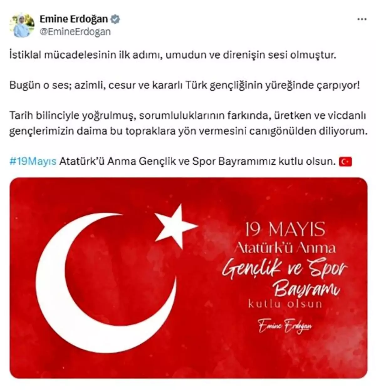 Emine Erdoğan, 19 Mayıs Atatürk’ü Anma Gençlik ve Spor Bayramı’nı kutladı