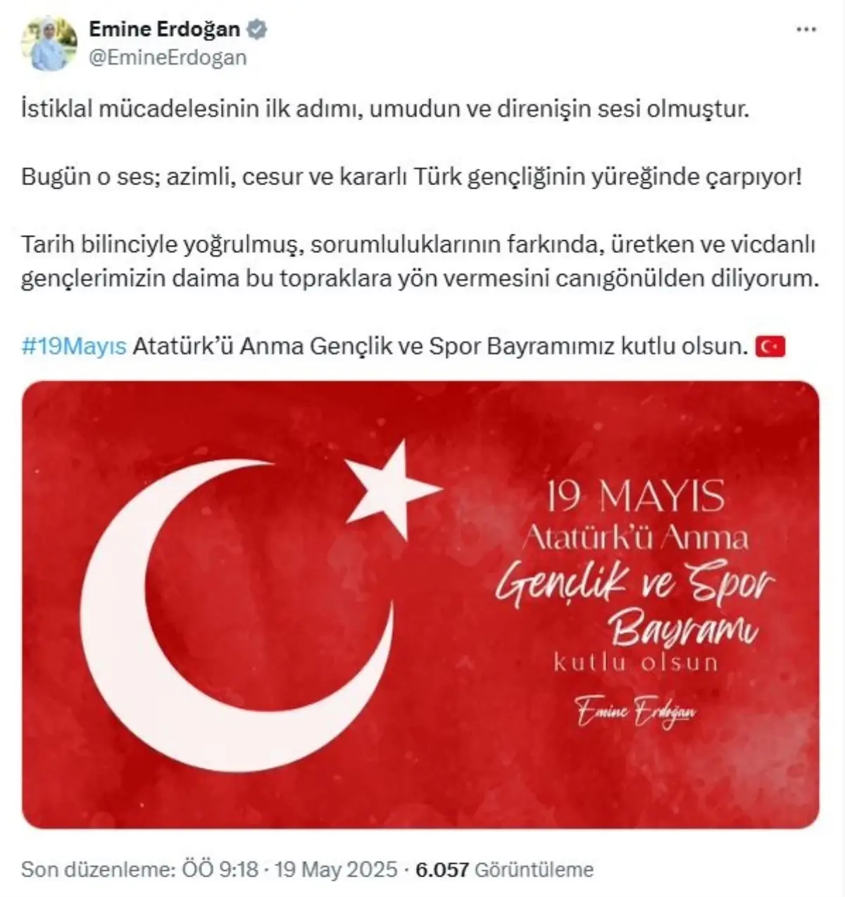 Emine Erdoğan’dan 19 Mayıs Bildirisi