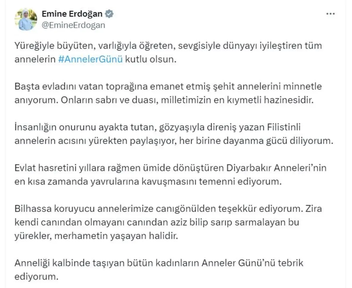 Emine Erdoğan’dan Anneler Günü bildirisi: Şehit annelerini minnetle anıyorum