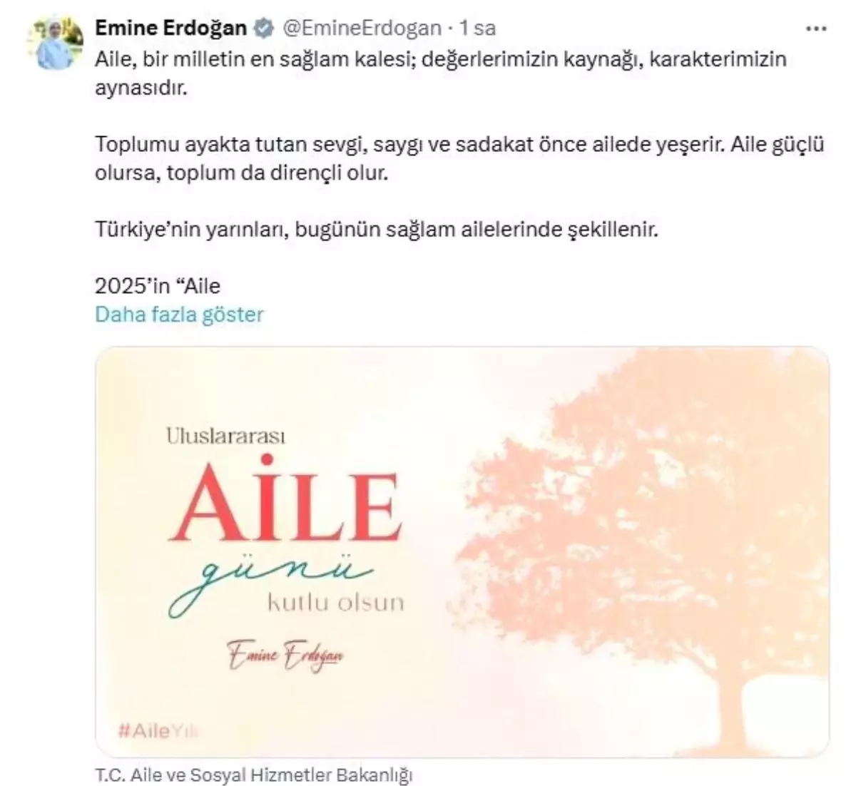 Emine Erdoğan’dan Memleketler arası Aile Günü’ne ait paylaşım Açıklaması