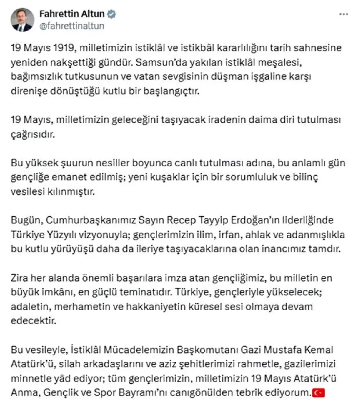 Fahrettin Altun’dan 19 Mayıs bildirisi: “Milletimizin istiklal ve istikbal kararlılığıdır”