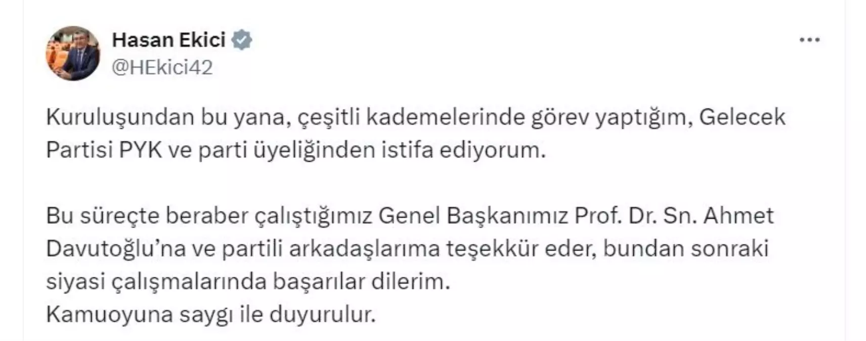 Hasan Ekici Gelecek Partisi’nden İstifa Etti