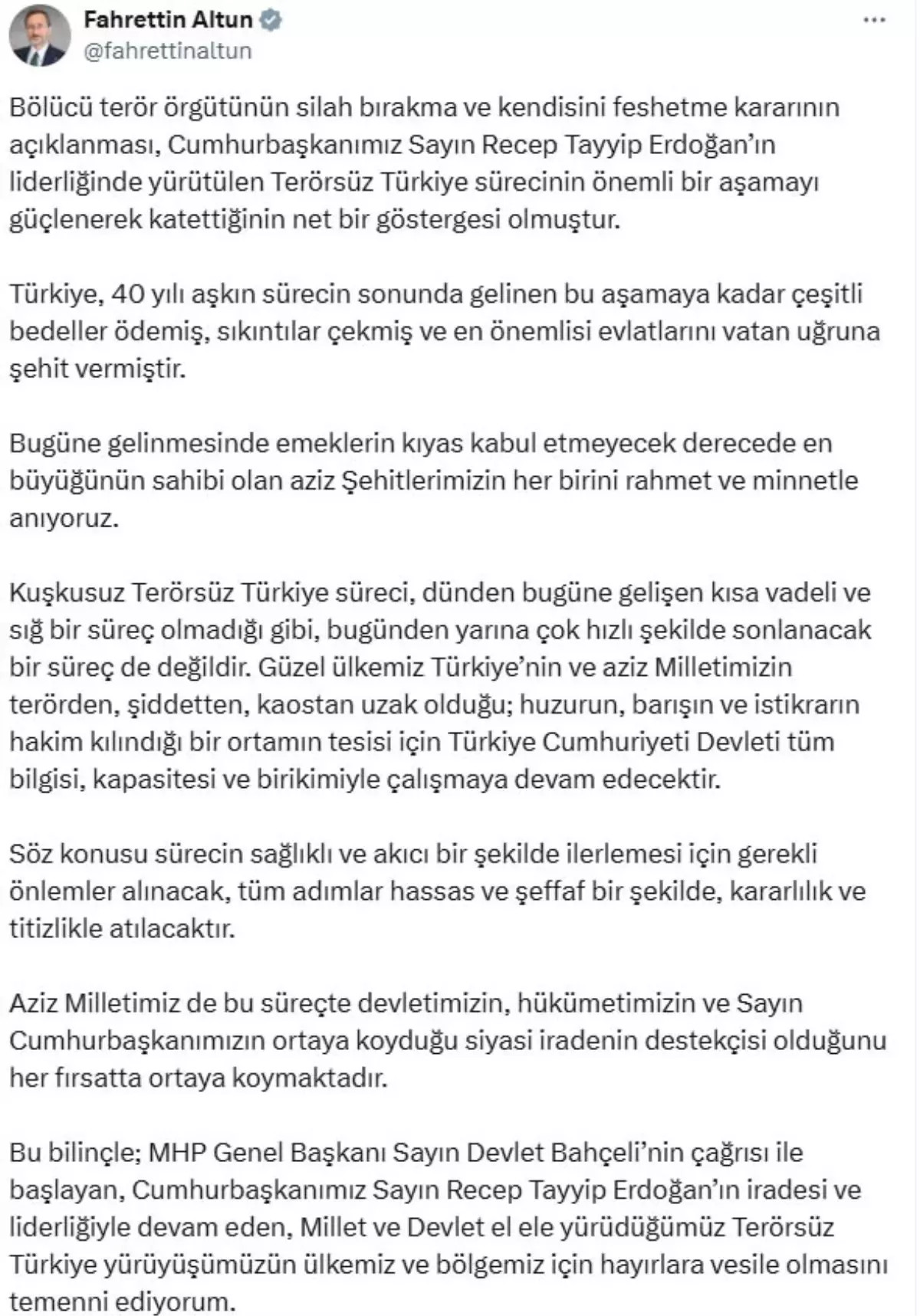 İletişim Başkanı Fahrettin Altun: ‘Terörsüz Türkiye süreci değerli bir evreyi güçlenerek katetti’