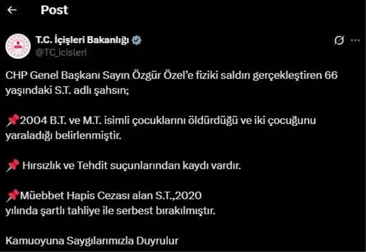 Özgür Özel’e Saldıran Şahıs Hür Bırakıldı