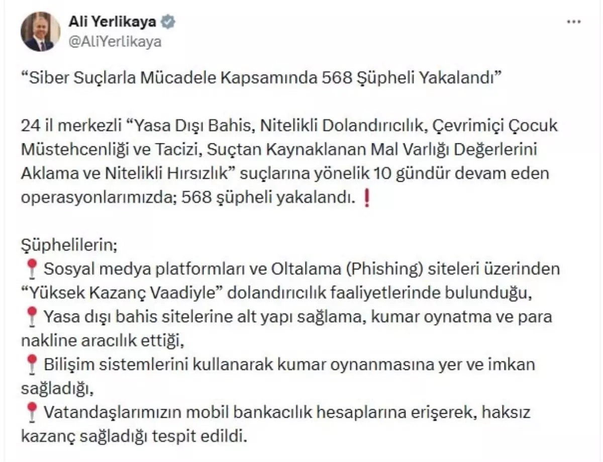 Siber Kabahatlere 39 Vilayette Operasyon