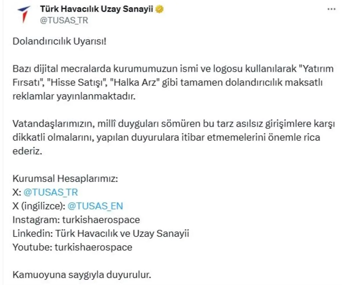 TUSAŞ’tan Dolandırıcılık Uyarısı